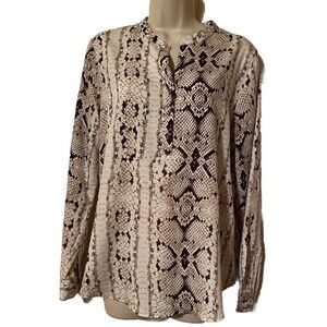 Women’s Size Large Sheer Snake Skin Print V Neck Blouse Long Sleeve Gold Buttons